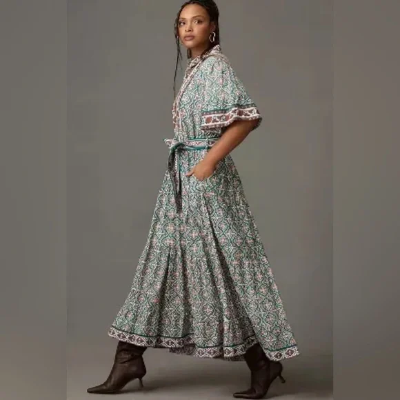 Anthropologie Sue Sartor Short-Sleeve Printed Midi Dress - Picture 2 of 9